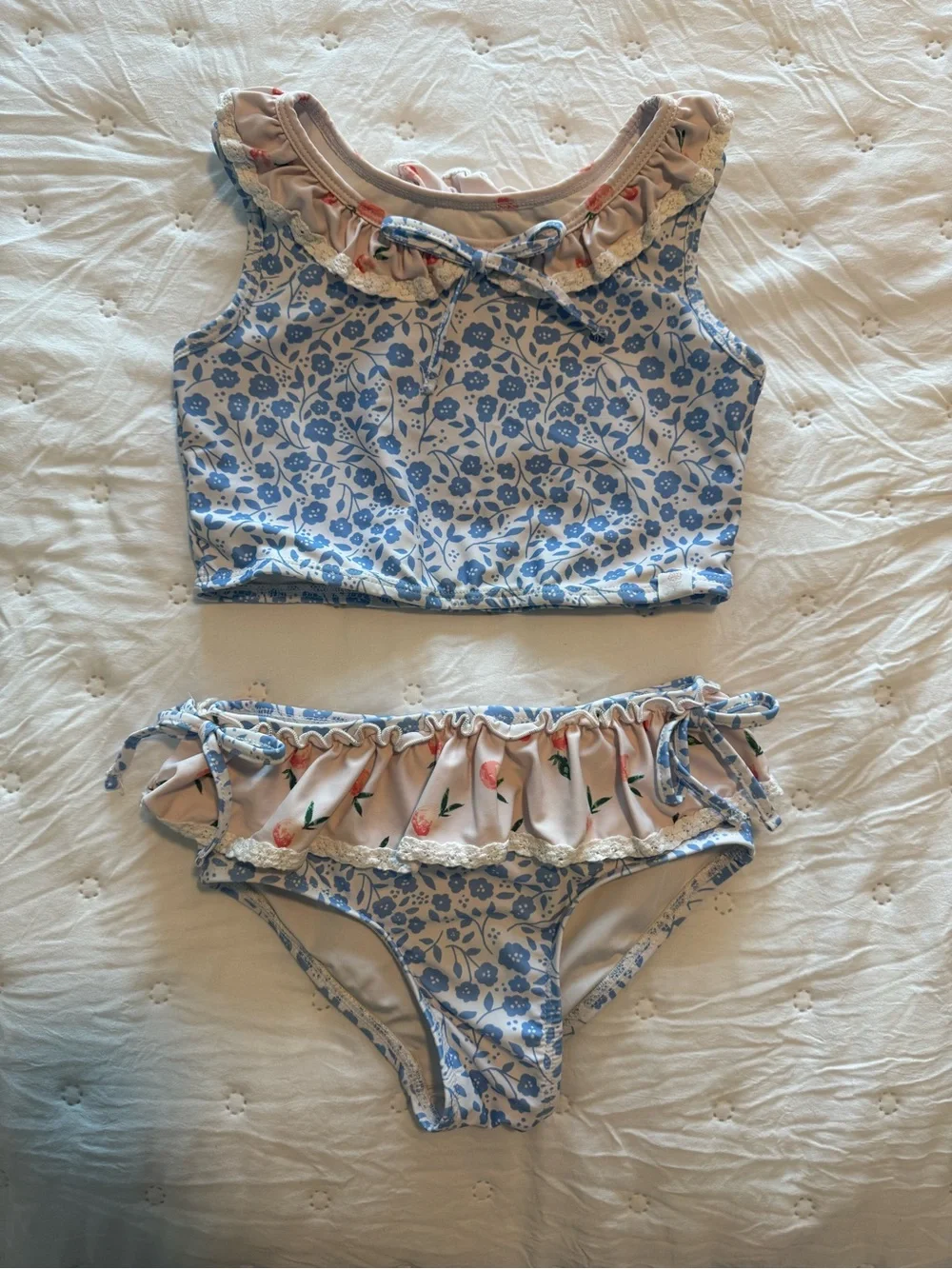 SweetHoney Size 8Y Blue & Light Pink Floral Ruffle Bikini Set